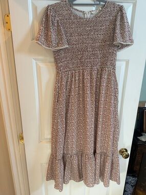 Floral Smocked Midi Dress in Cream and Red